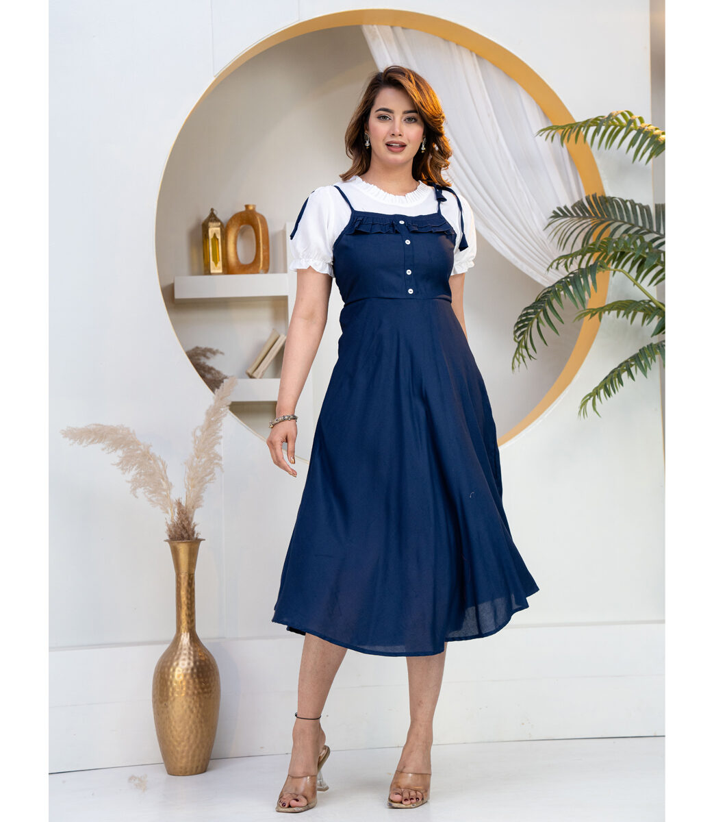 Stylish Blue Dungaree Dress for Women with Inner Top