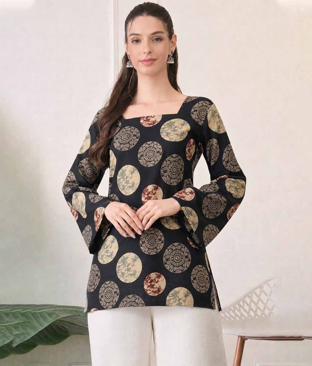 Women's Black Printed Cotton Square Neck Bell Sleeve Top | Casual Boho Tunic