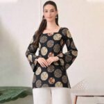 Women's Black Printed Cotton Square Neck Bell Sleeve Top | Casual Boho Tunic