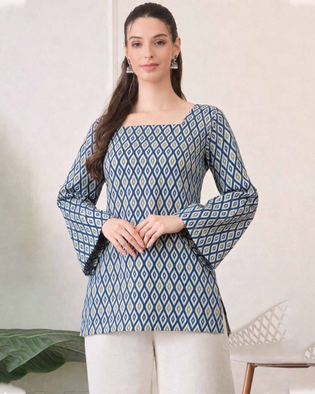 Women's Blue Printed Cotton Top|Square Neck Bell Sleeve Casual Top