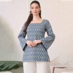 Women's Blue Printed Cotton Top|Square Neck Bell Sleeve Casual Top