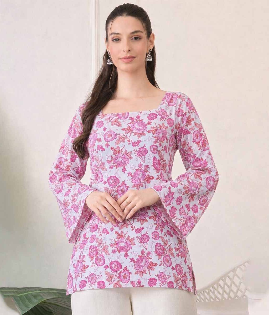 Women's Pink Floral Printed Cotton Top | Square Neck Tie-Back Bell Sleeve Casual Top