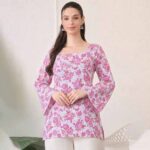 Women's Pink Floral Printed Cotton Top | Square Neck Tie-Back Bell Sleeve Casual Top