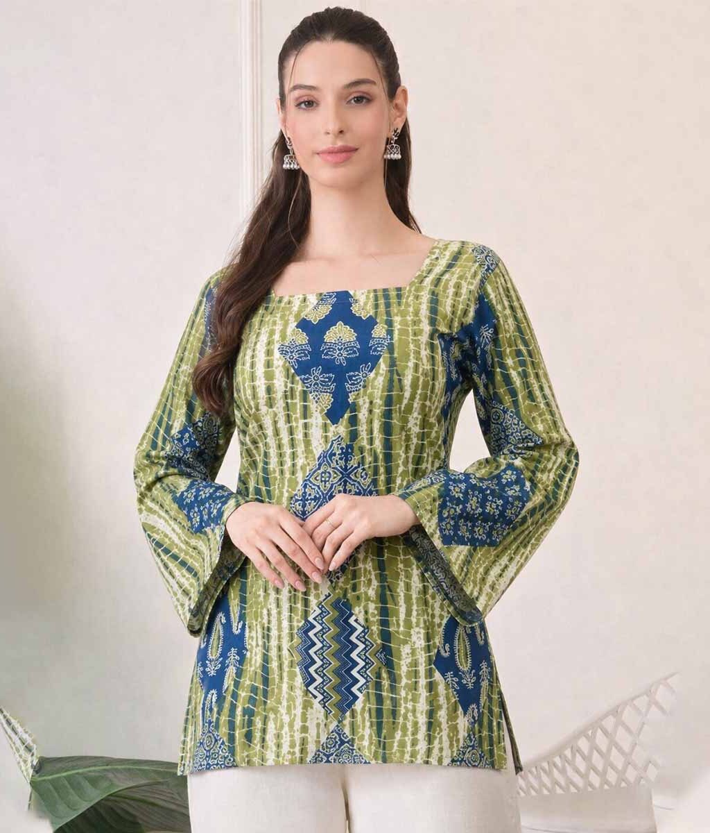 Women's Green & Blue Printed Cotton Top | Square Neck Bell Sleeve Casual Top