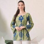 Women's Green & Blue Printed Cotton Top | Square Neck Bell Sleeve Casual Top