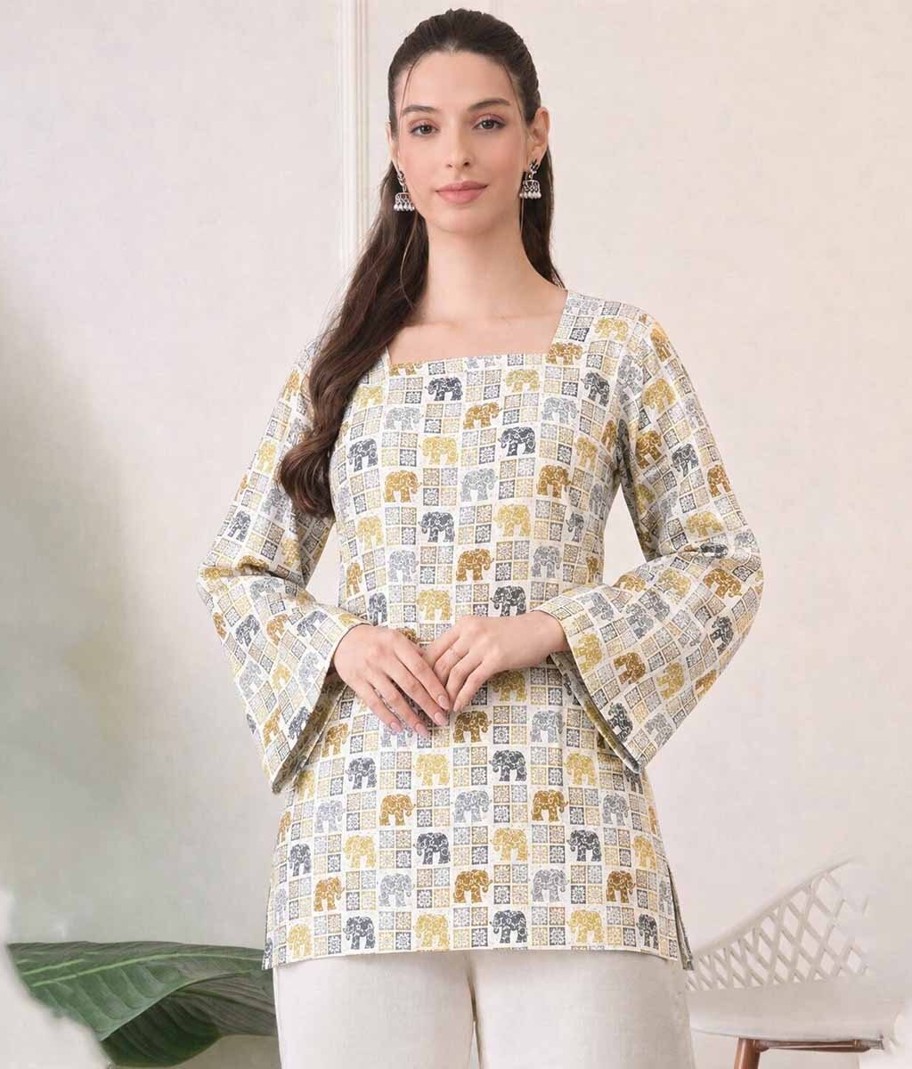 Women's Ivory Elephant Print Cotton Top | Square Neck Tie-Back Casual Top