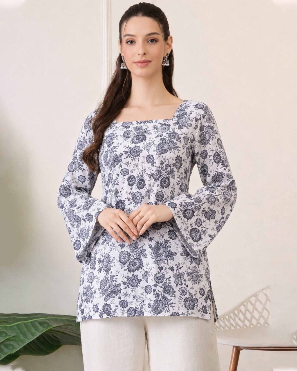 Women's  Floral Printed Cotton Top |Tie-Back Bell Sleeve Casual Top