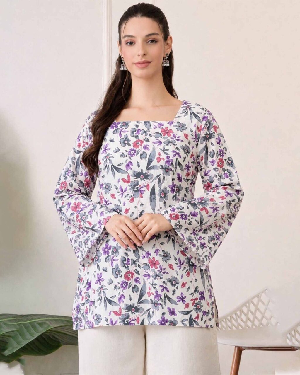 Women's Lavender Wildflower Cotton Tunic | Square Neck Lace-Up Back Top