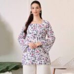 Women's Lavender Wildflower Cotton Tunic | Square Neck Lace-Up Back Top