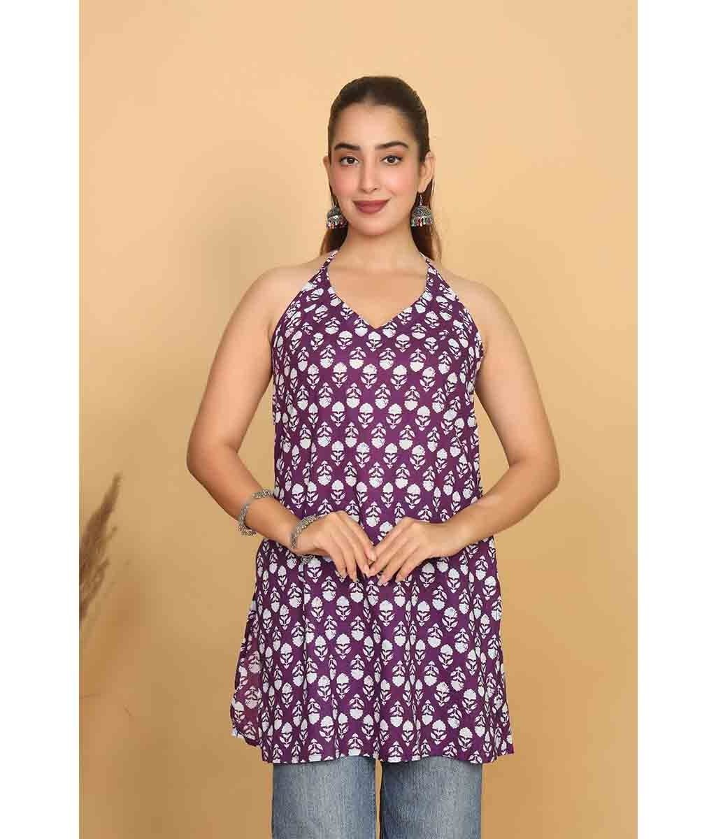 Women's Purple Printed Cotton Top|V Neck Sleeveless Casual Top