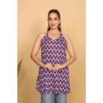 Women's Purple Printed Cotton Top|V Neck Sleeveless Casual Top