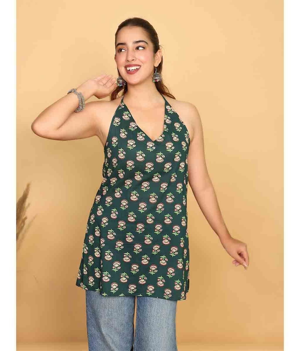 Green Printed Women's  Cotton Top|V Neck Sleeveless Casual Top