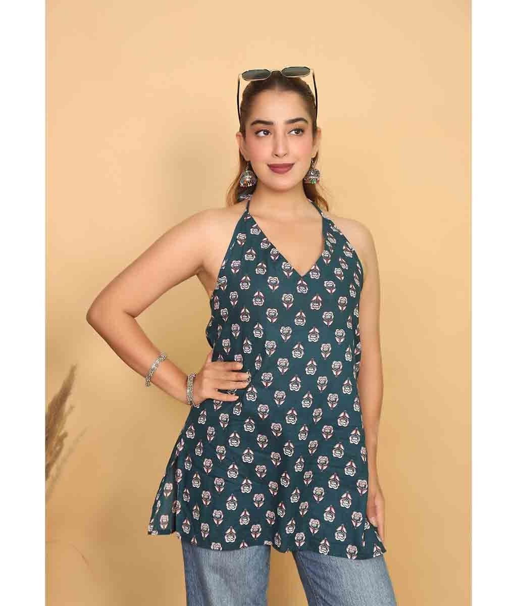 Blue Printed Women's Cotton Top|V Neck Sleeveless Top