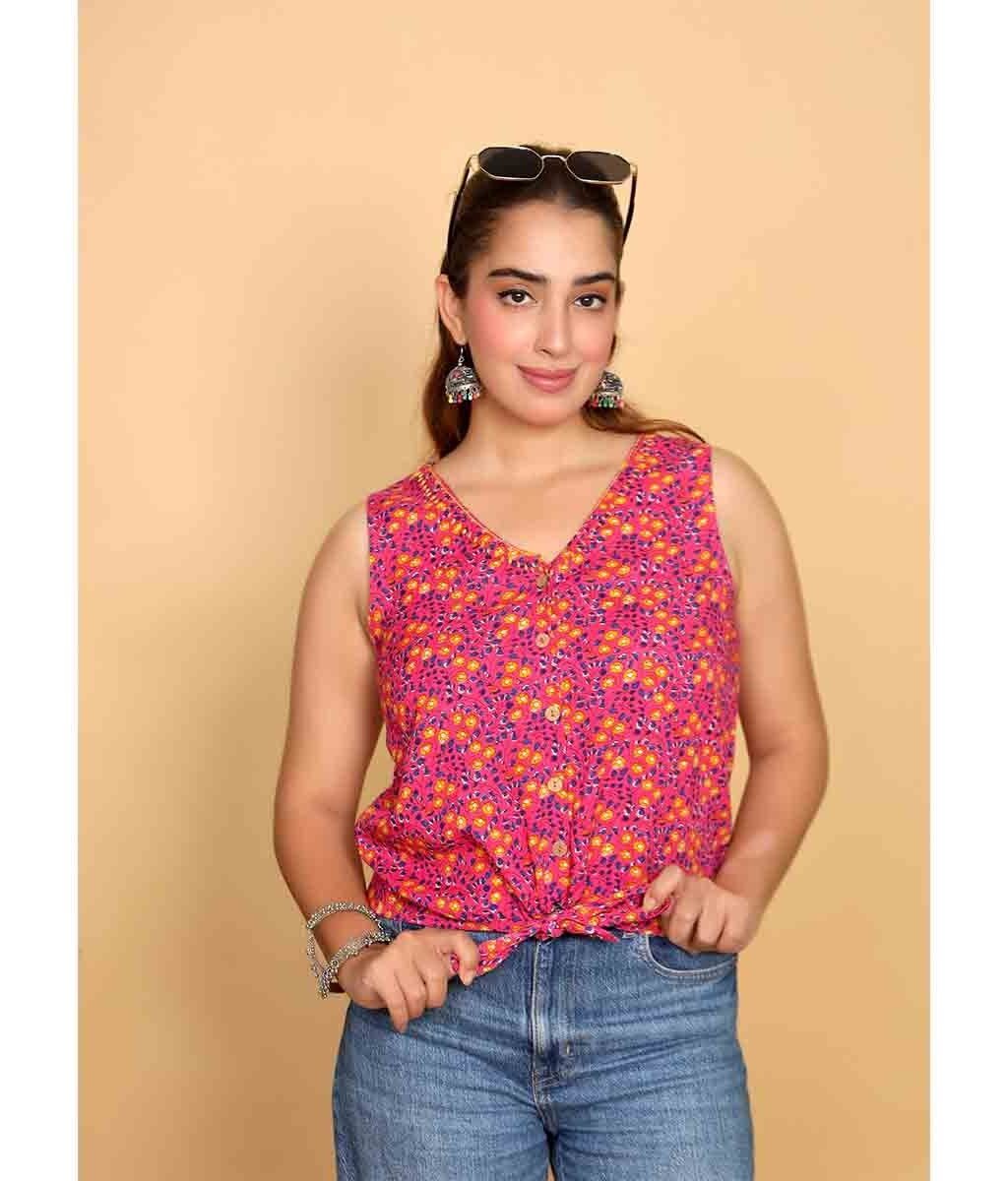 Women's Printed Pink Cotton Top|V Neck Sleeveless Top