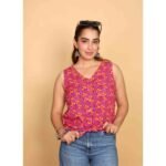 Women's Printed Pink Cotton Top|V Neck Sleeveless Top